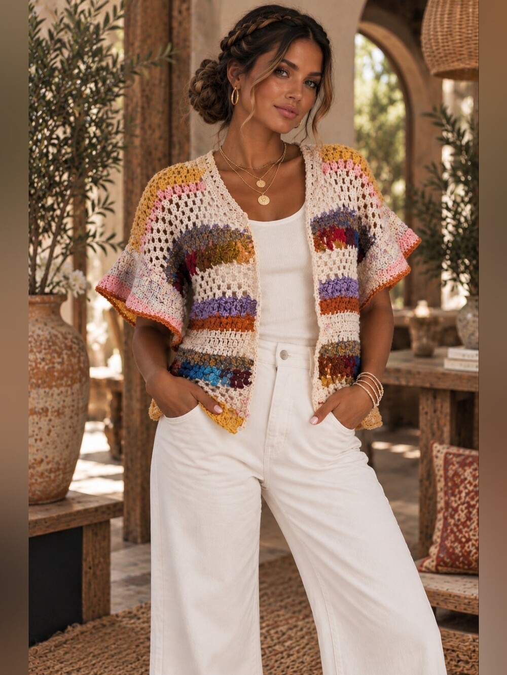 Anthropologie Mia Boho Multicolor Hand-Knit Short Sleeve Open Cardigan Size M/L